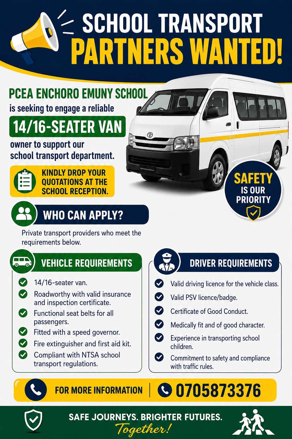 Transport advert for 14/16-seater van partner